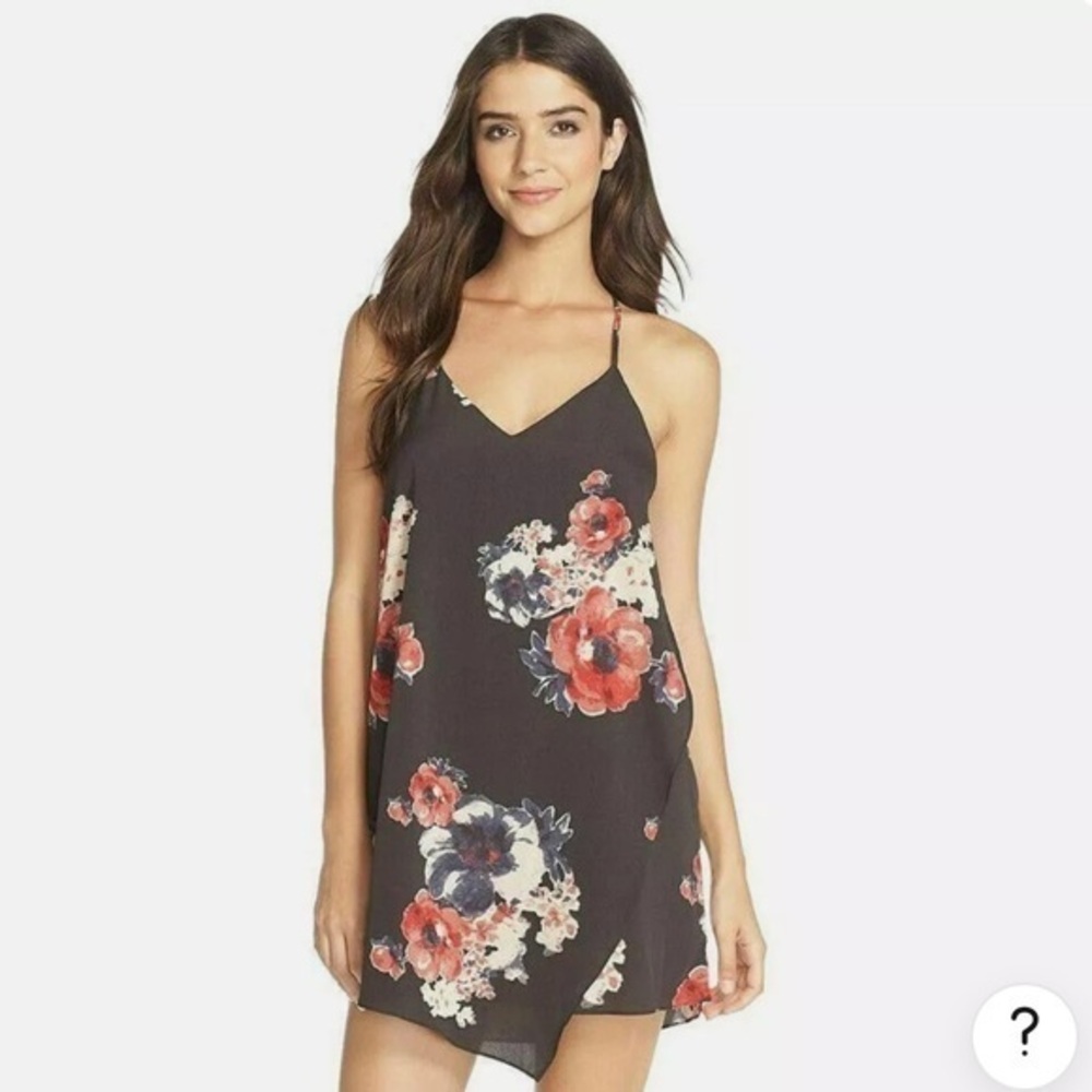 FREE PEOPLE Black Crepe Floral Faux Wrap Chemise A-line Dress S